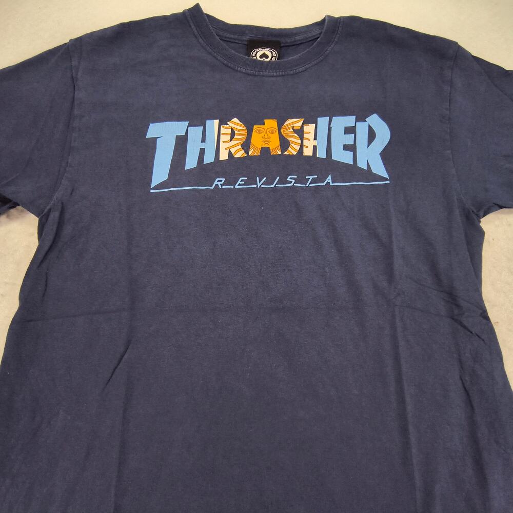 Thrasher Magazine Casual Crew Neck Graphic T Shirt Mens Size Medium M Navy